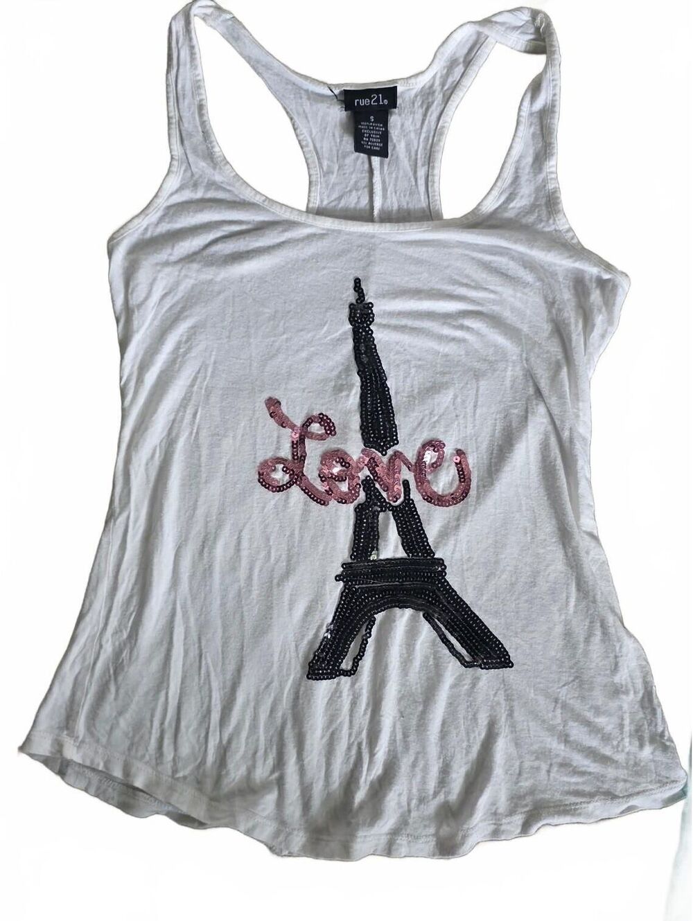 rue21 White Rayon Racerback Tank Top Sequin Eiffel Tower S